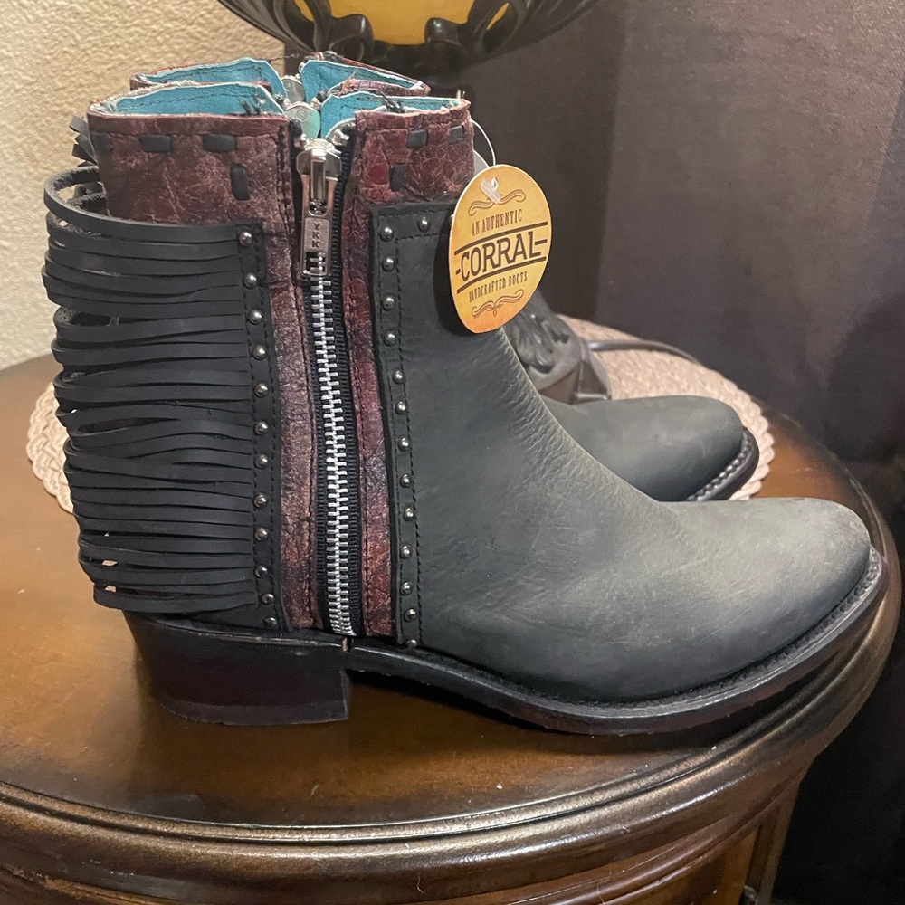 Corral Black and Burgundy Fringe Ankle Boots